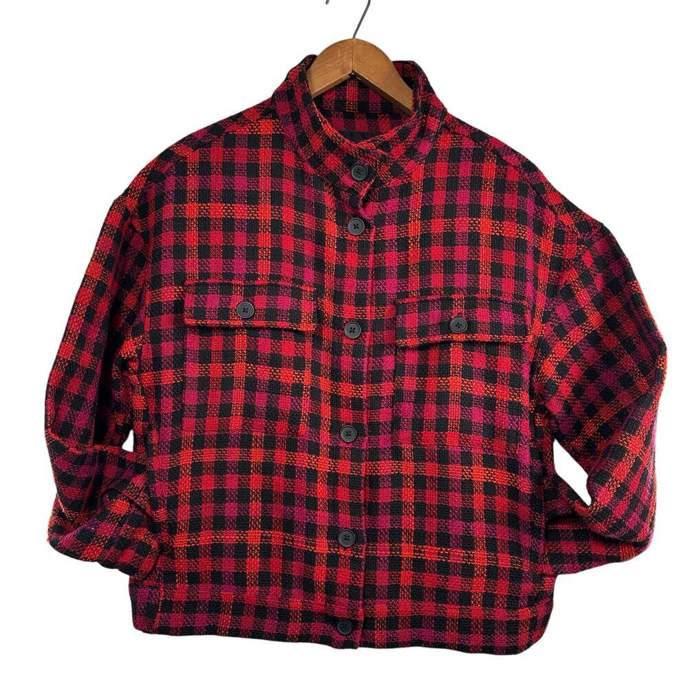 Sanctuary The Shacket Cropped Red Black Buffalo Plaid Jacket Oversized Small‎